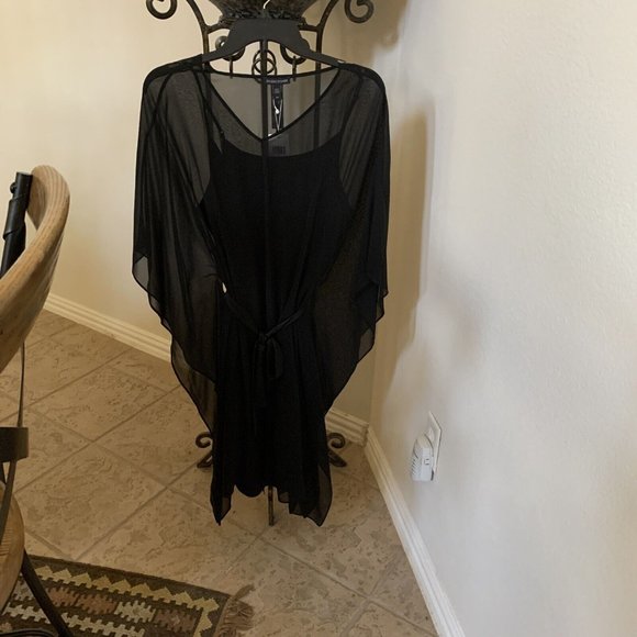 NWT Eileen Fisher Black Sheer Silk Georgette V-Neck Caftan Dress - Picture 8 of 10